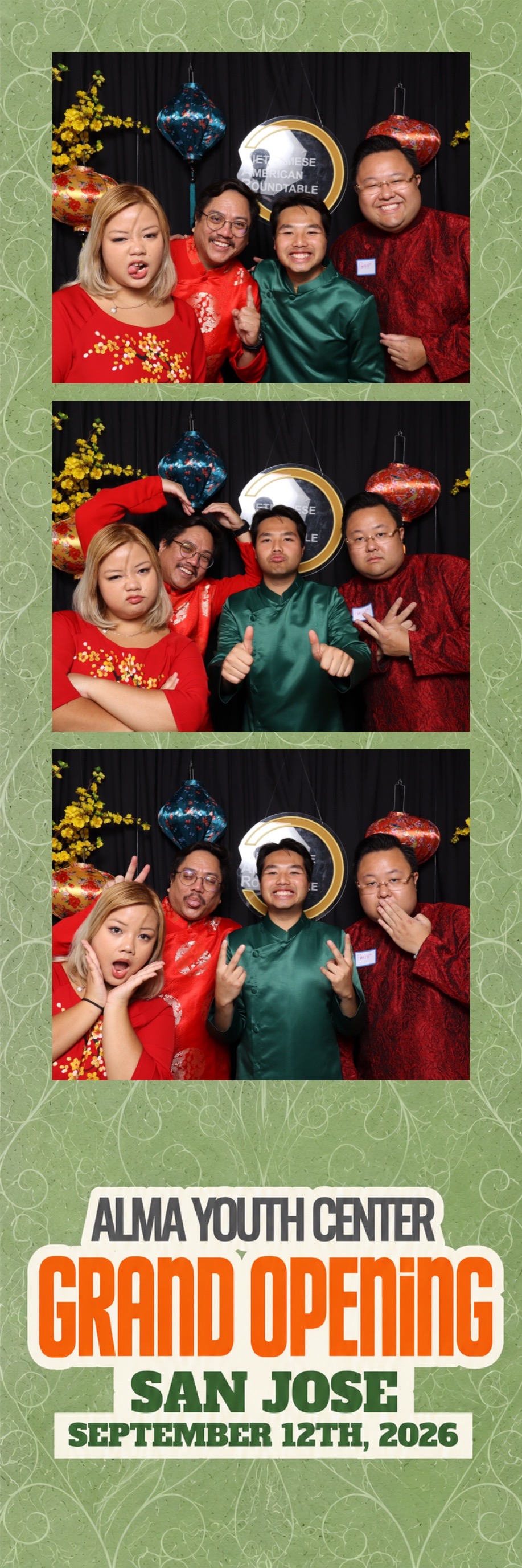 A photo booth print strip of four guests celebrating at the Alma Youth Center Grand Opening in San Jose